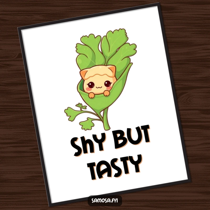 Funny Poster: A shy samosa character peeks from behind a giant green coriander leaf, creating a cute scene.