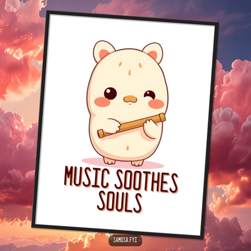 Funny samosa poster illustrating a shy samosa character holding a tiny flute, evoking gentle music and quiet humor, a beautiful art piece.