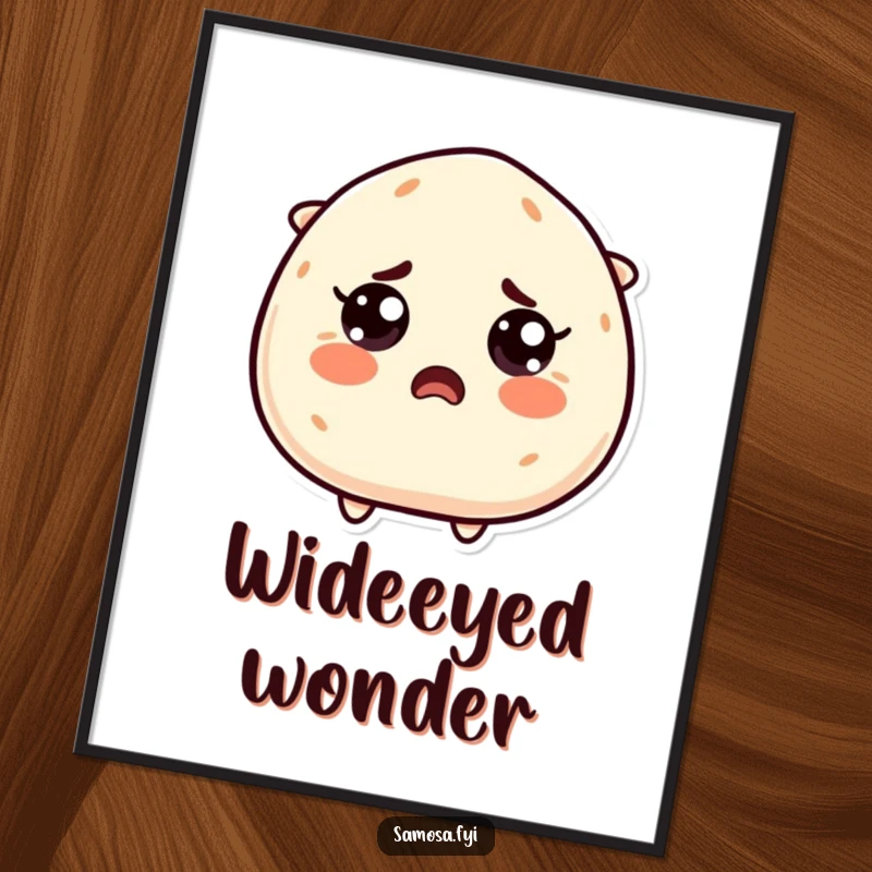 Funny Startled Samosa Poster: A samosa character with comically wide eyes, expressing pure shock and surprise, bringing humorous drama to any wall.