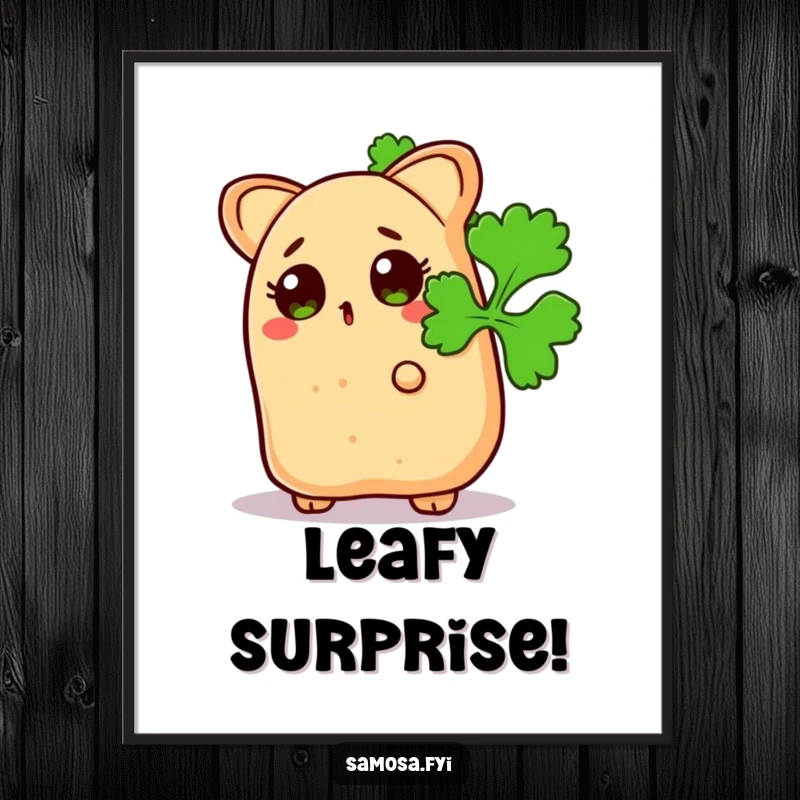 Funny Surprised Samosa Poster: Artful depiction of a snack peeking from behind coriander leaves, adding a humorous, hidden element.