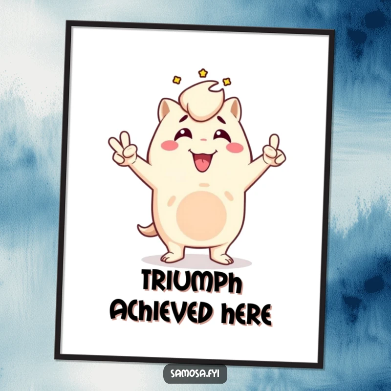 Funny samosa poster illustrating a triumphant samosa character in a victory pose, bringing motivational humor and celebration to wall art, a great gift.