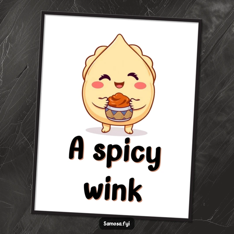 Funny Winking Samosa Poster features a charming samosa character winking and presenting chutney, adding playful food art.