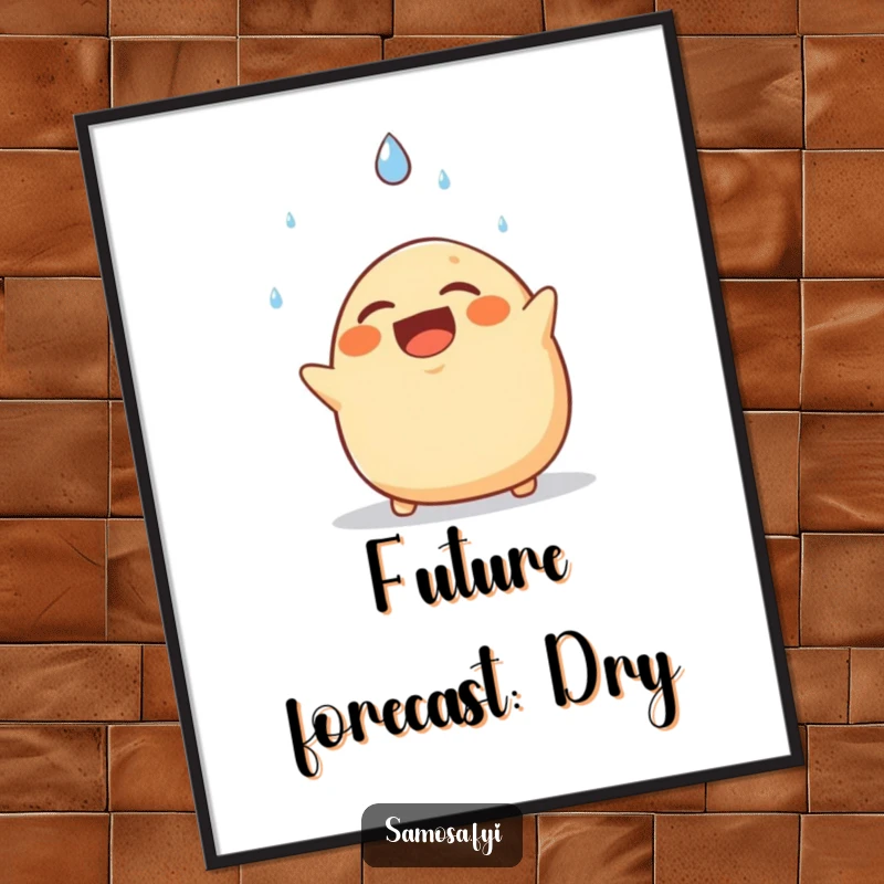 Funny poster print of a laughing samosa comically dodging a falling raindrop, adding quirky humor to any wall.