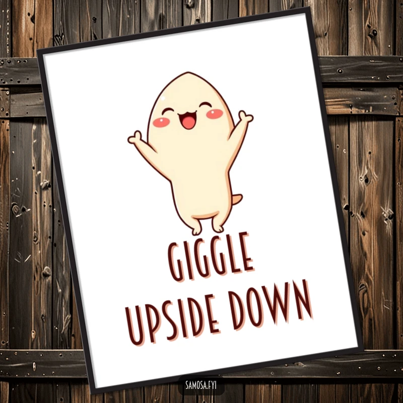 Funny Samosa Headstand Poster: A samosa character giggling upside down in a headstand, bringing playful energy and culinary comedy to any wall.