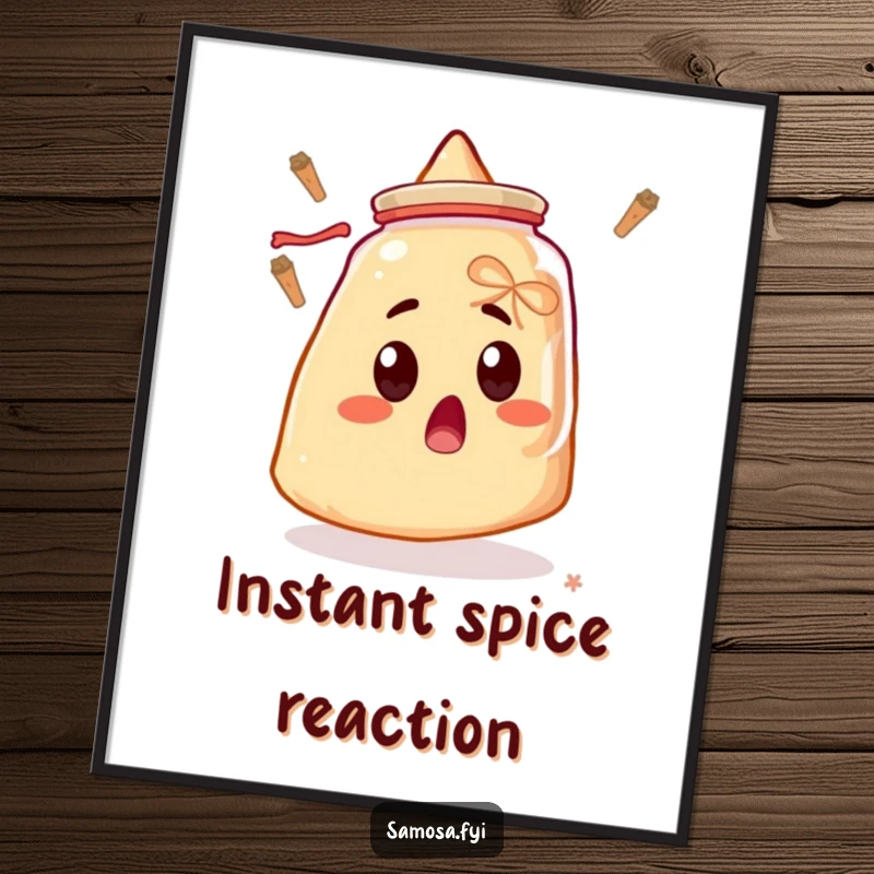 Funny poster of a surprised samosa with wide eyes, staring intently at a floating spice jar, capturing a moment of culinary shock.