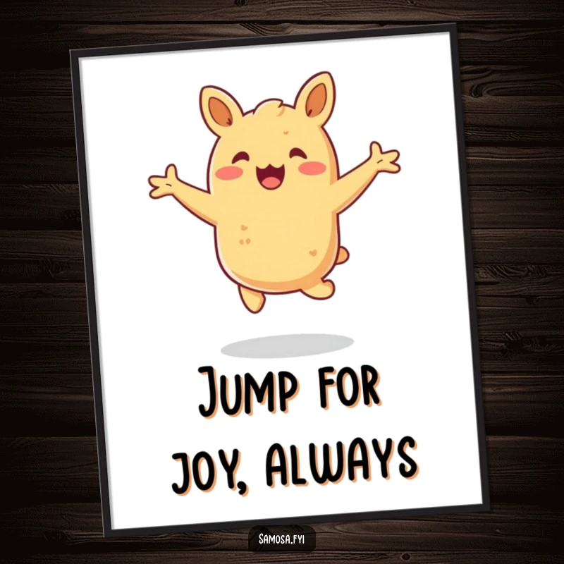 Funny samosa poster showing a happy pastry energetically hopping with arms outstretched, adding a playful and vibrant touch.