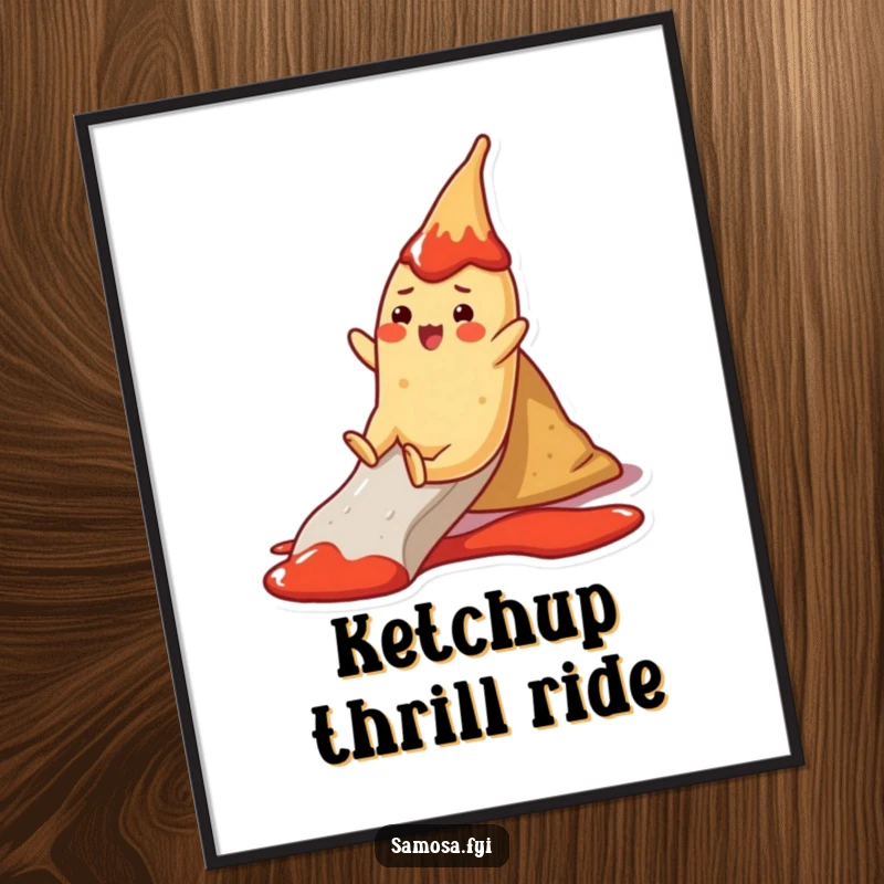 Funny Poster: A cheerful samosa character slides down a ketchup slide, depicting pure, saucy delight.