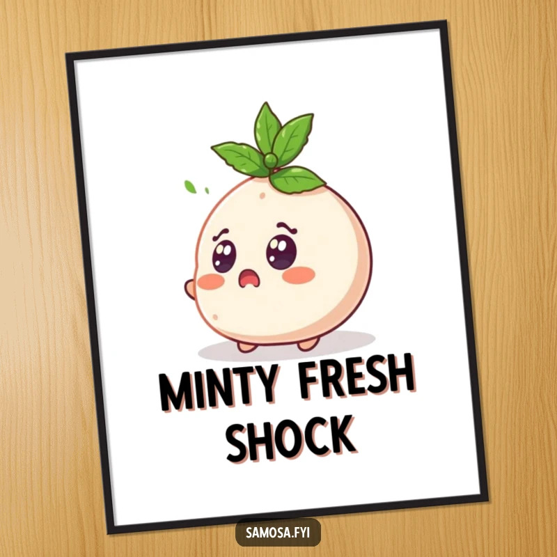 Funny Surprised Samosa Poster features a samosa character with wide, surprised eyes reacting to a flying mint leaf.