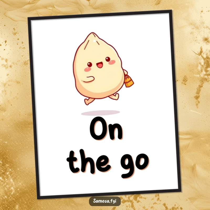 Funny poster print of a samosa joyfully skipping with a small bag, adding a touch of whimsical humor to any room.