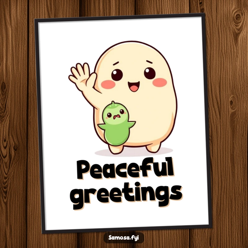 Funny Poster of an enthusiastic samosa waving hello to a tiny pea, capturing a moment of cheerful interaction.