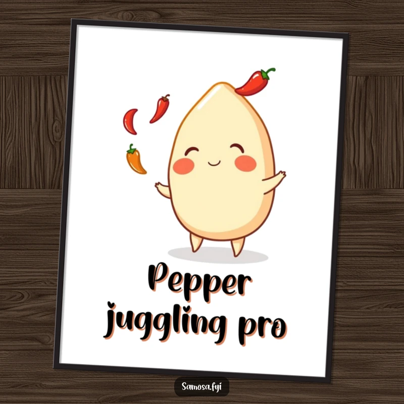 Funny Samosa Poster: Joyful Indian snack artfully juggling spicy chili peppers, bringing a burst of color and humor to your decor.