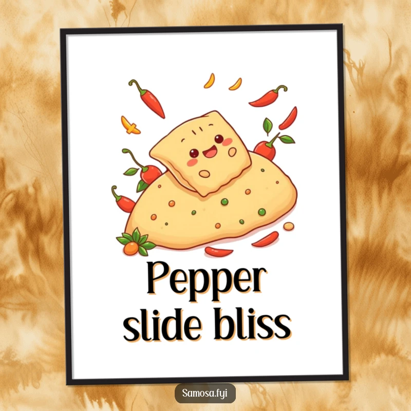 Funny poster of a cheerful samosa sliding down a spicy red pepper hill, perfect for adding humorous and adventurous wall decor.