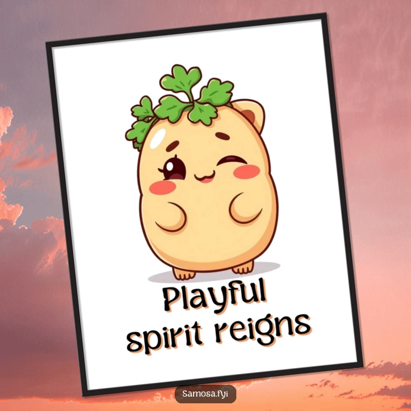 Funny Samosa Poster depicting a mischievous samosa winking with a parsley hat, fun wall art for a funny gift.