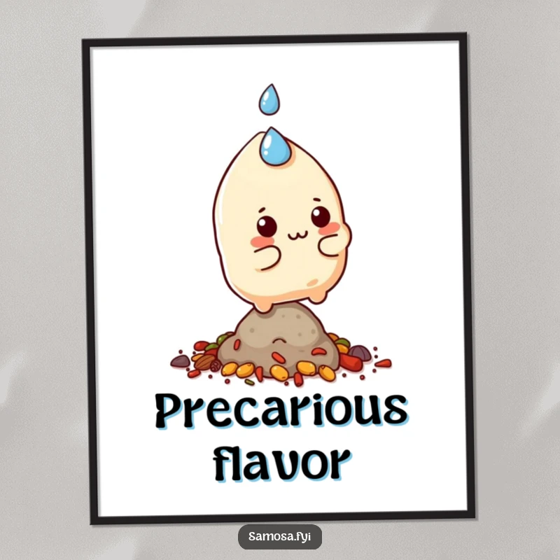 Funny samosa character with a sweat drop, struggling to balance on a small pile of spices, as a wall poster.