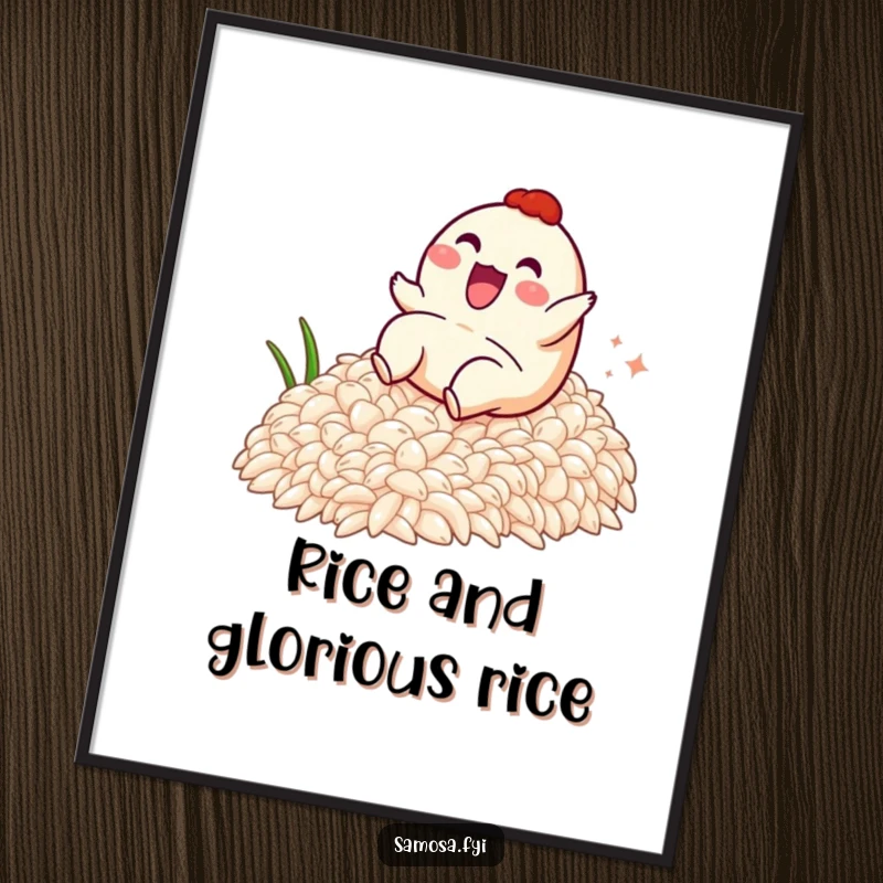 Funny poster featuring a samosa character gleefully sliding down a steep, fluffy slope of rice, radiating pure, unadulterated fun.