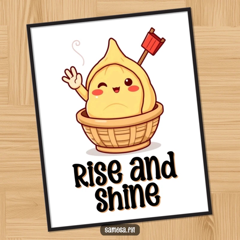 Funny samosa character giving a cheerful wave, emerging from a steaming basket, as a wall poster.