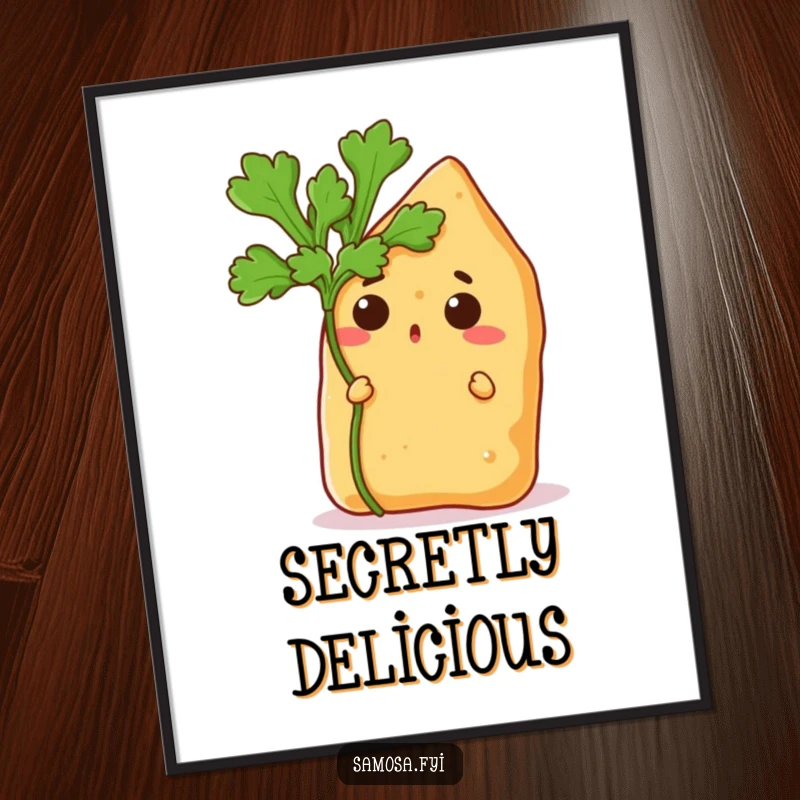 Funny poster depicting a comically surprised samosa peeking from behind a coriander leaf, adding a touch of humor to any room.