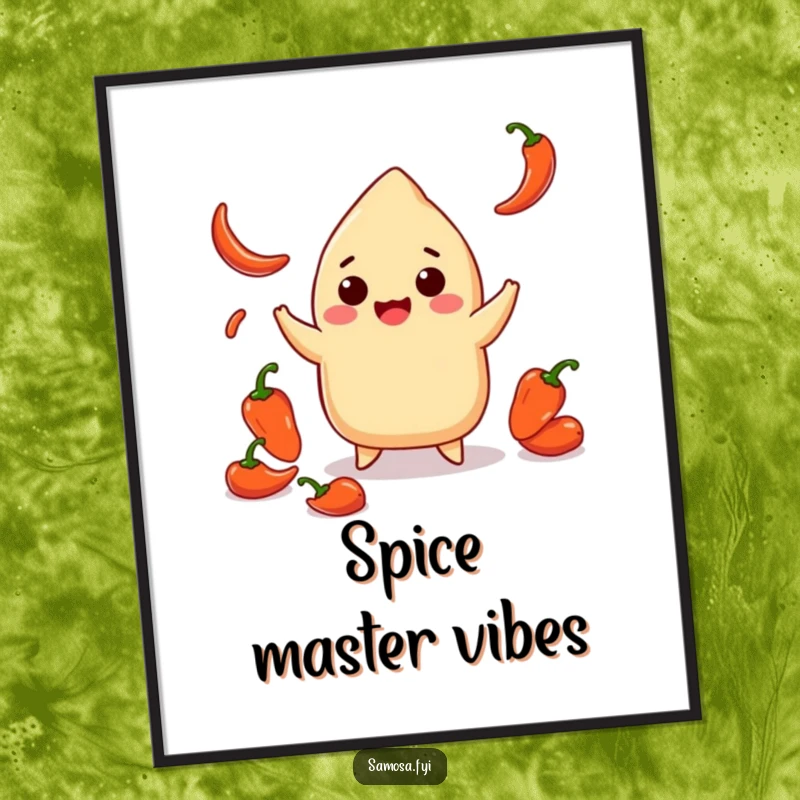 Funny poster of a smiling samosa playfully juggling tiny red chili peppers, perfect for adding humorous and spicy wall decor.