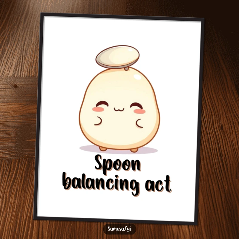 Funny poster depicting a plump pastry puff concentrating hard to balance a tiny spoon on its head.