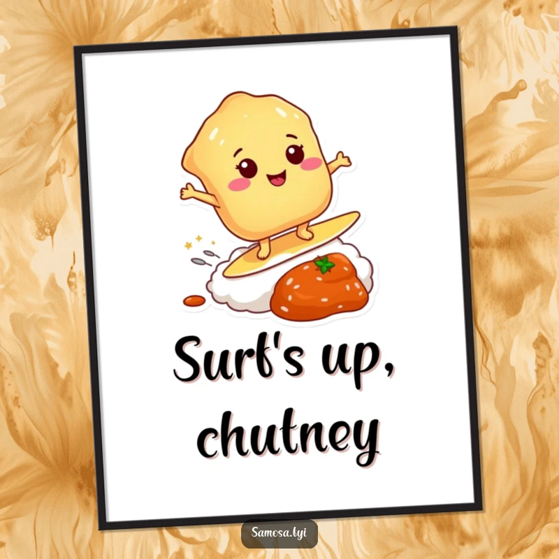 Funny poster of a smiling pastry joyfully surfing on a dollop of chutney, perfect for kitchen or cafe decor.