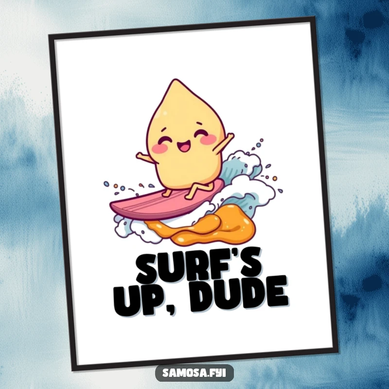 Artistic depiction of a joyful, giggling samosa character surfing a colorful chutney wave on a poster, a fun wall decor.