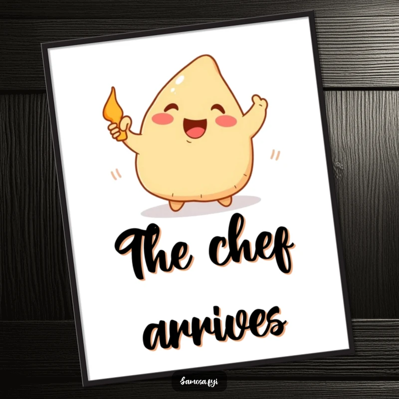 Funny Samosa Poster: Artistic print of a happy samosa excitedly waving a tiny frying pan, adding kitchen humor to any wall.