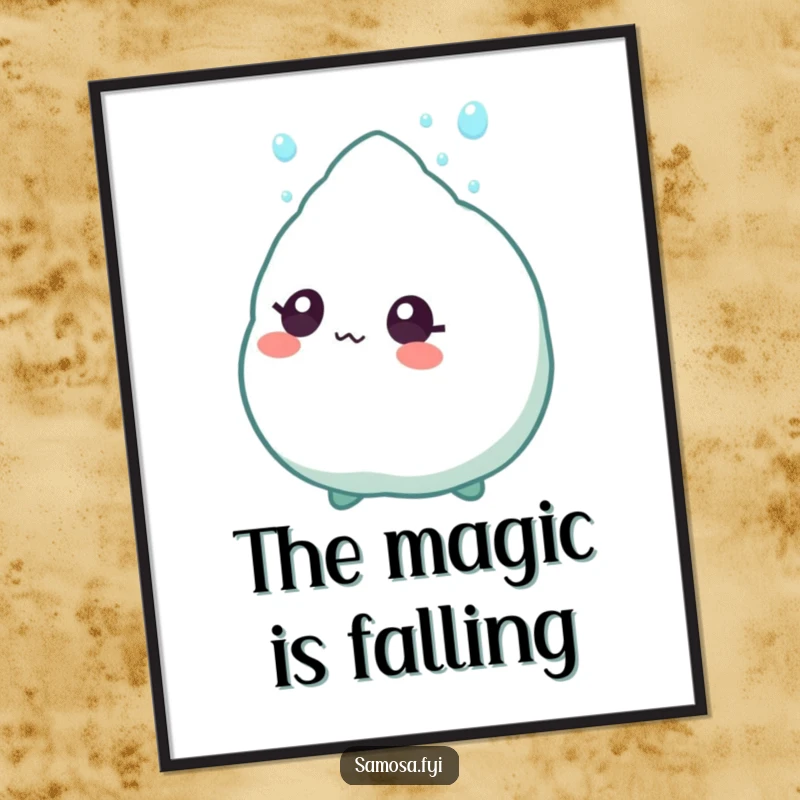 Funny Poster of a samosa character with wide eyes, gazing upwards at a solitary falling sprinkle, creating a sense of wonder.