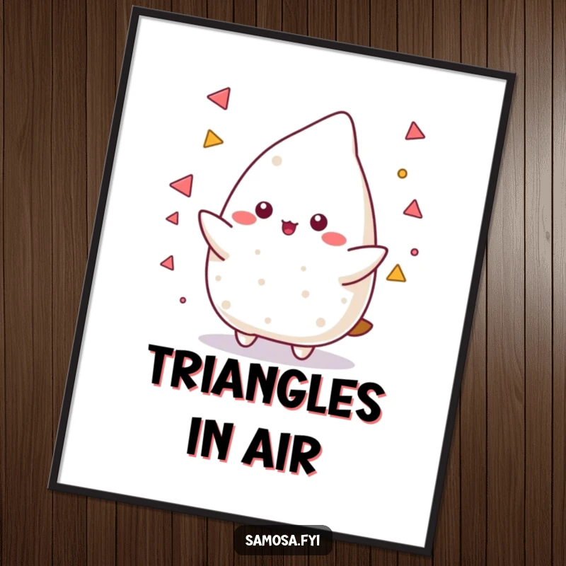 Funny Samosa Poster depicting a samosa character masterfully juggling small triangular shapes, symbolizing skill, precision, and humorous multitasking.