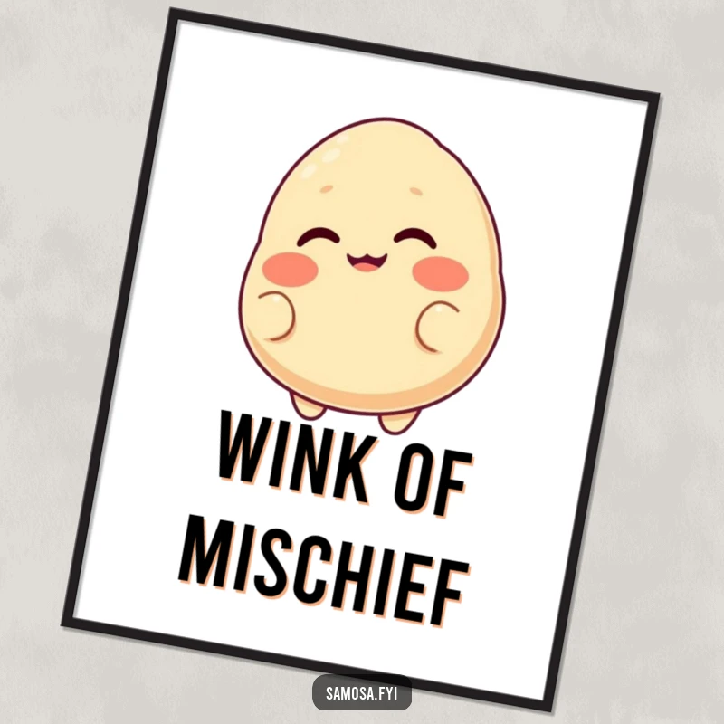 Funny poster displaying a blushing samosa with a cheeky grin, giving a playful wink, exuding charm and personality.