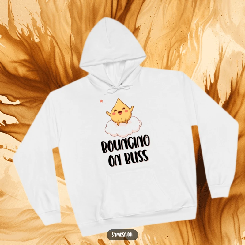 Funny Hoodie depicting a delighted samosa leaping on a pastry cloud, offering warmth and whimsical charm.