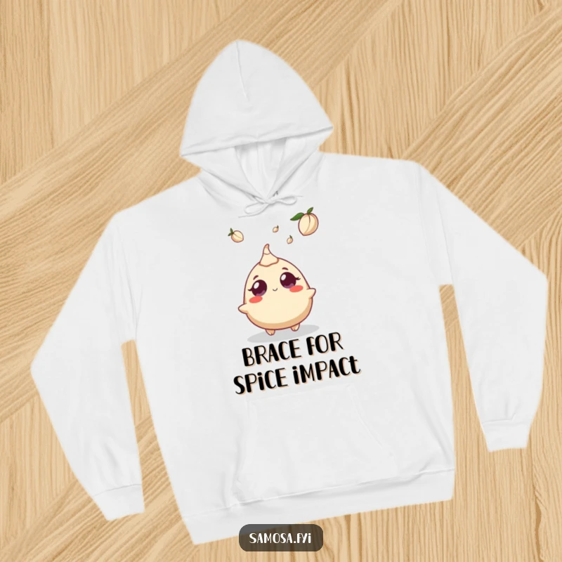 Funny hoodie featuring a samosa character with comically large eyes looking up at a falling cardamom pod, embodying surprise.