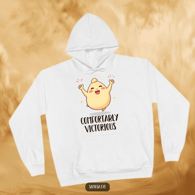 Funny samosa hoodie featuring a plump samosa character doing a victorious celebratory hop, embodying pure joy and comfort.