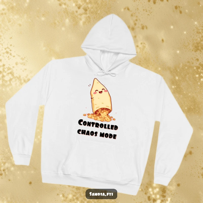 Funny Giggling Samosa Hoodie: Warm apparel featuring a comical Indian snack mid-cartwheel, with filling spilling, radiating playful energy.