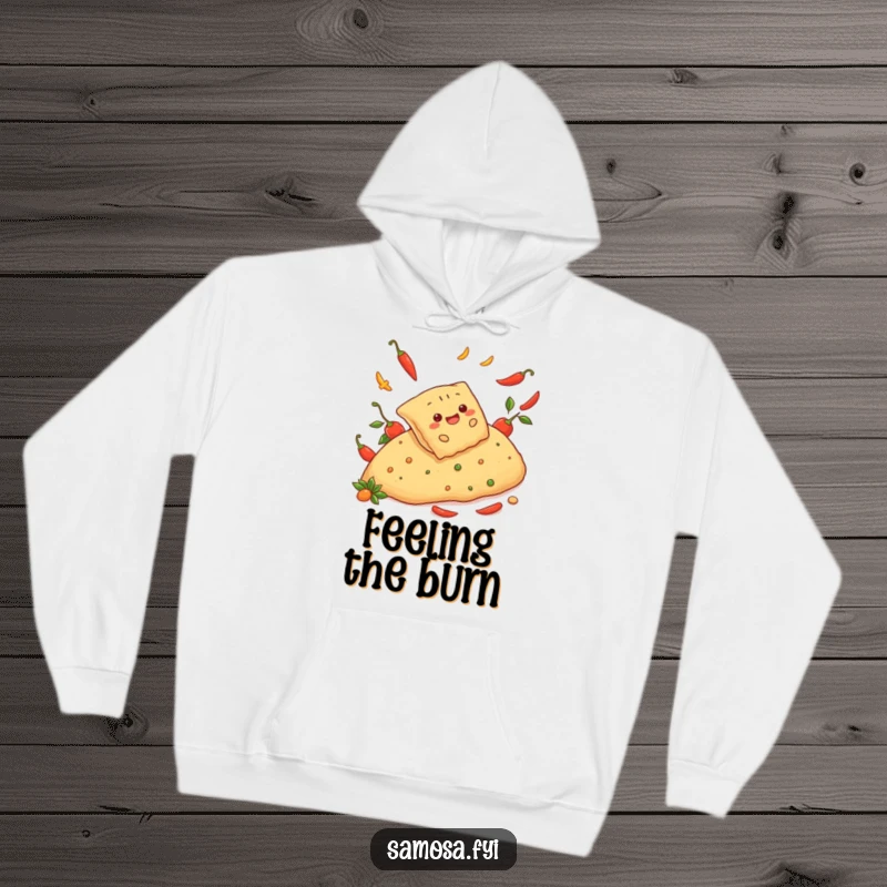 Funny hoodie featuring a cheerful samosa sliding down a spicy pepper hill, designed for warmth and a humorous, adventurous flair.