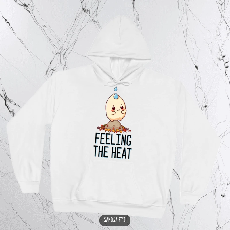 Cozy hoodie featuring a funny samosa character sweating and balancing on a small pile of spices.