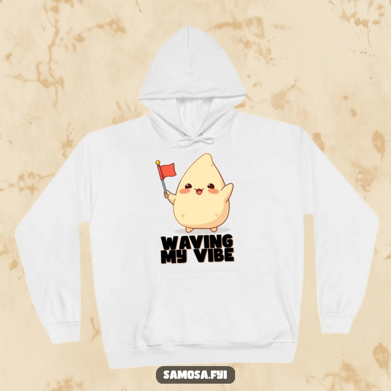 Funny Samosa Flag Hoodie: A chubby, excited samosa character triumphantly waving a tiny flag, perfect for cozy celebrations.