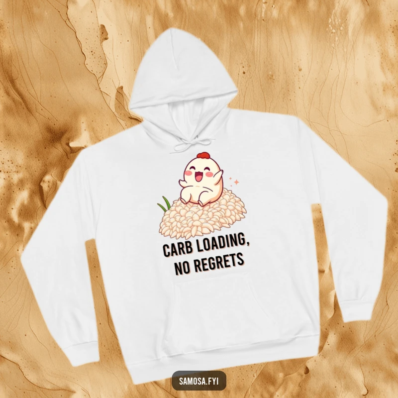 Funny hoodie showcasing a cheerful samosa character having a blast sliding down a generous slope of rice, radiating happiness.