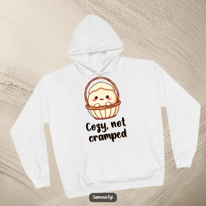Funny Hoodie: A samosa character comically stuck in a small basket, a humorous and relatable image for cozy wear.
