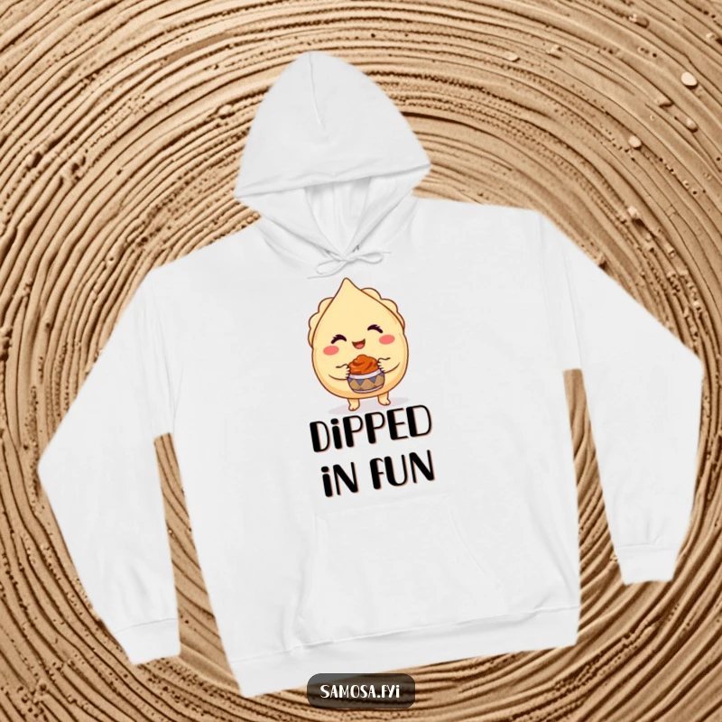 Funny Samosa Hoodie shows a winking samosa character offering a miniature chutney pot, combining warmth with foodie humor.