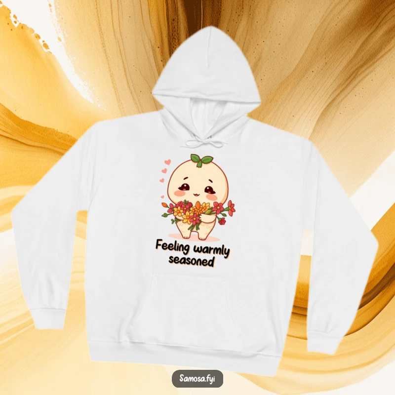 Funny samosa hoodie with a blushing character holding a bouquet of spice flowers, offering cozy warmth and sweet affection.