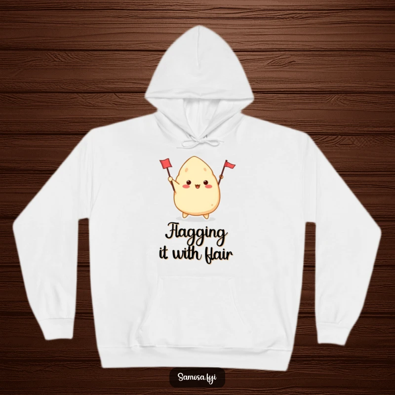 Funny Samosa Hoodie depicting a cute samosa character enthusiastically waving a tiny flag, perfect for casual, humorous wear.