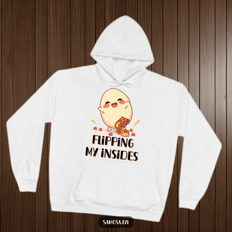Funny hoodie featuring a giggling samosa mid-cartwheel with filling spilling out, designed for ultimate comfort and humorous delight.
