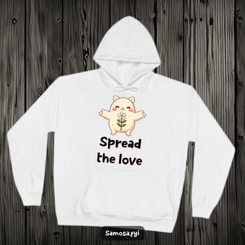 Funny samosa hoodie, arms spread wide, embracing a small flower, cozy and peaceful apparel, great gift.