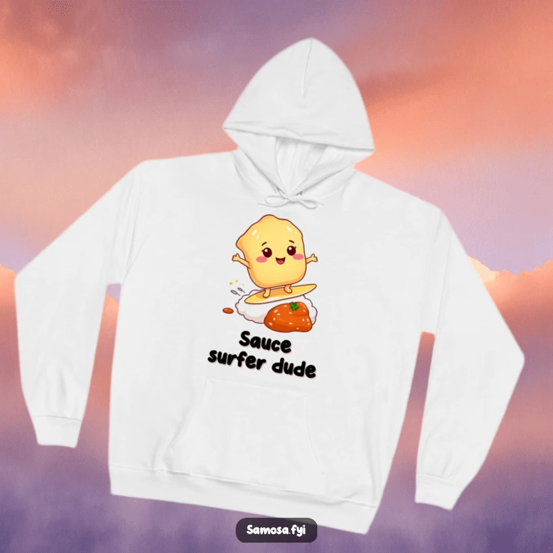 Funny hoodie depicting a golden-crusted pastry hilariously surfing on chutney, bringing seaside humor.