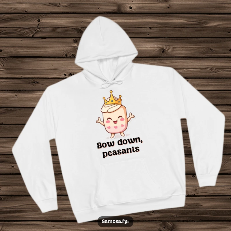 Funny hoodie featuring a pastry character adorned with a crown, striking a proud yet goofy pose, offering cozy charm.