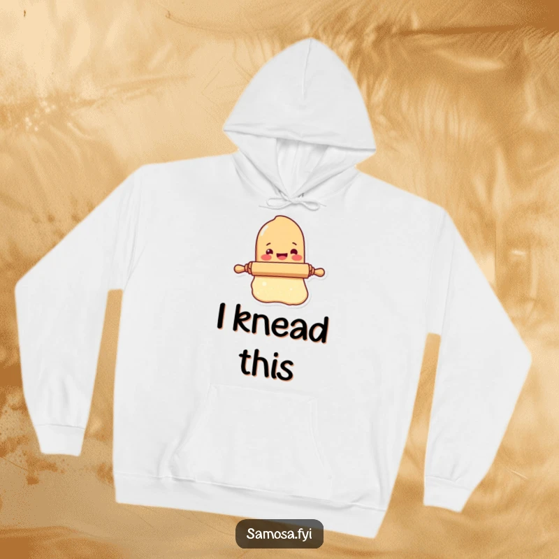 Funny Rolling Pin Hoodie shows a delighted rolling pin character happily rolling out a tiny dough sheet, offering cozy humor.