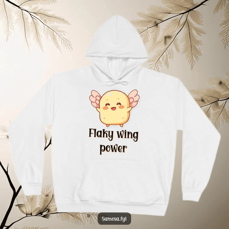 Funny hoodie graphic of a cheerful roti character attempting to fly using its flaky layers as wings, radiating homely charm.