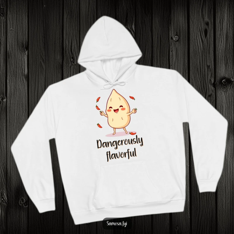Funny Hoodie: A smiling samosa character juggling small, spicy chili peppers, perfect for a cozy laugh.