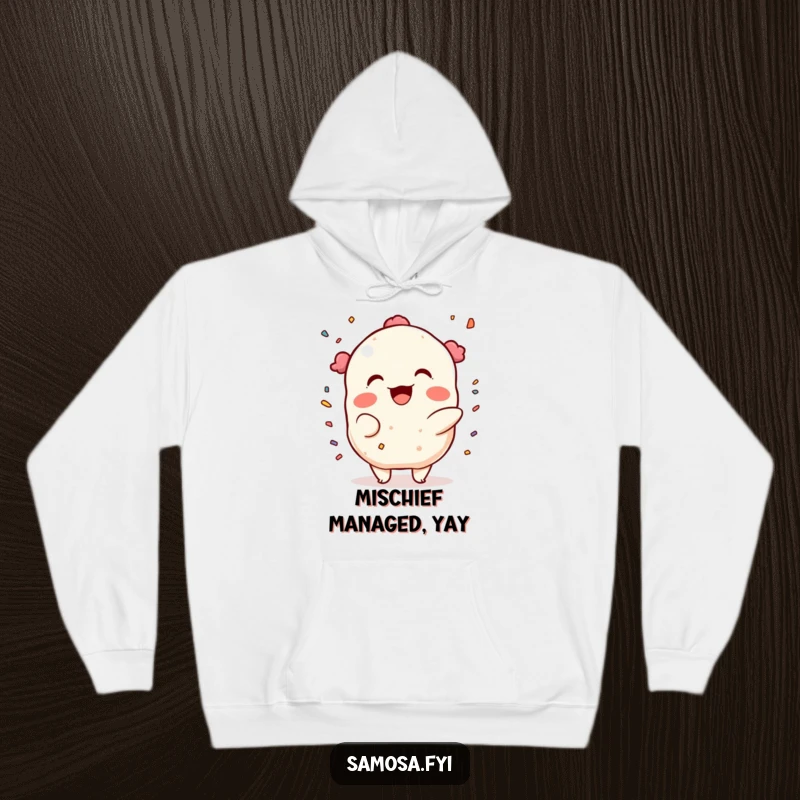 Funny Hoodie: A samosa character joyfully throwing confetti with a mischievous grin, perfect for spreading festive cheer.