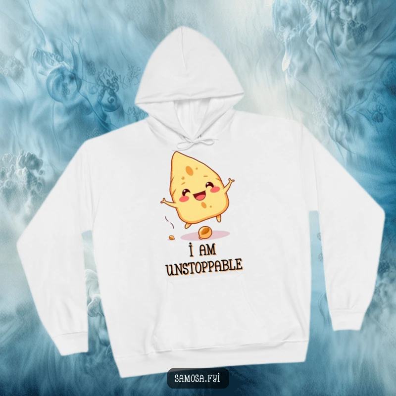 Funny Samosa Hoodie shows a cheerful samosa with a wide grin playfully dodging a falling chickpea, a warm and witty apparel choice.